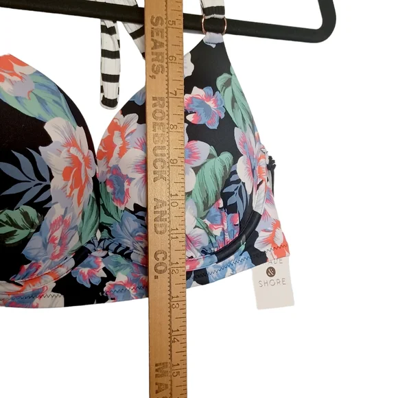SHADE & SHORE Colorful Blue Floral Print White Stripe Halter Bikini Top 34D - Picture 7 of 9